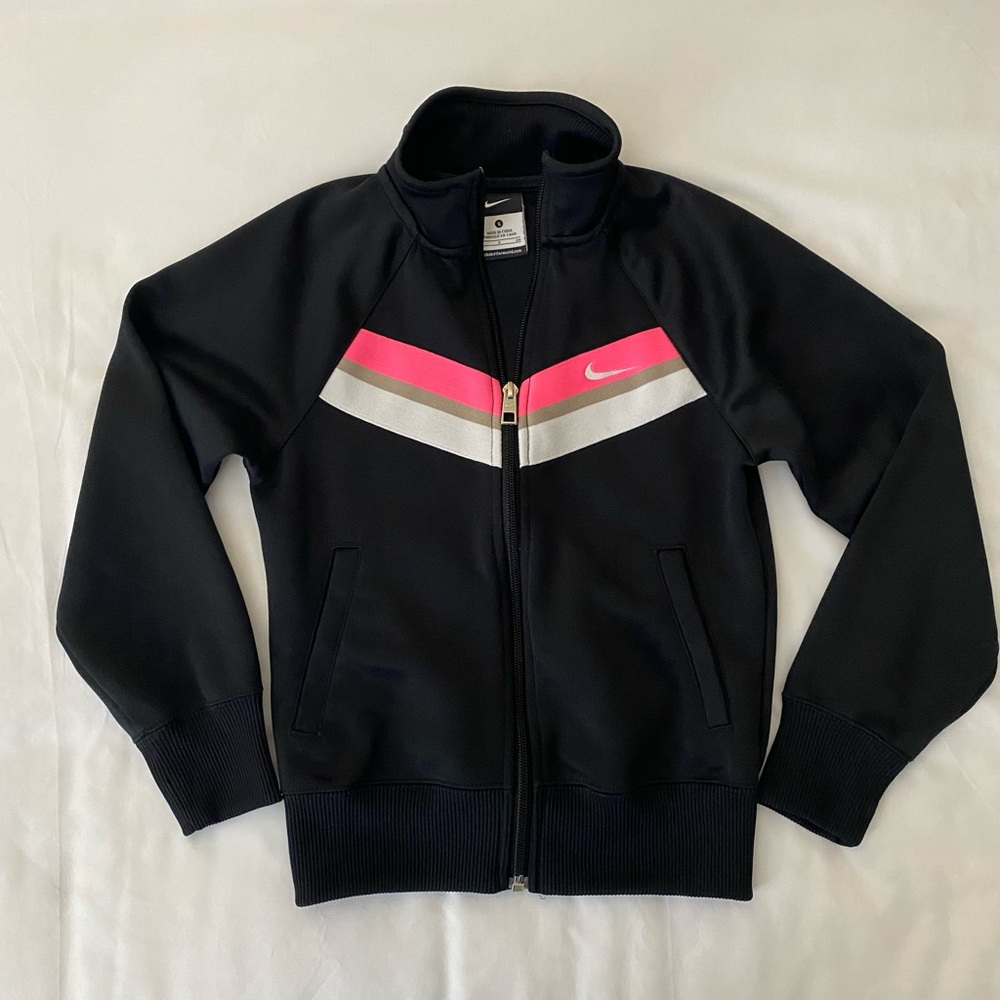 Girls Nike Track Jacket, Black with Pink and White Stripes on front. Size Small